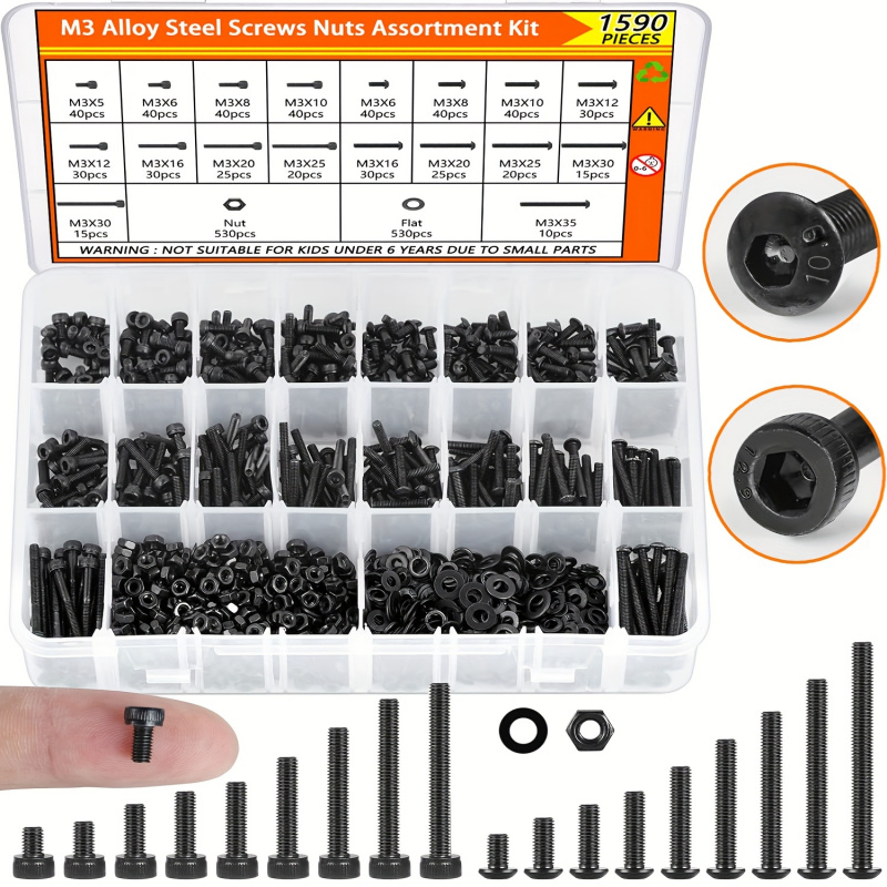 Nuts Mix - 1590-teiliges M3-Schrauben-Sortiment-Set – schwarze Innensechskant- und